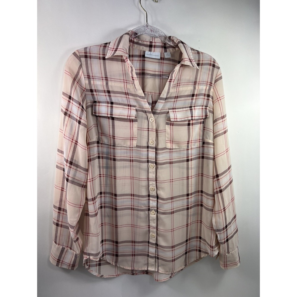 New York &‎ Company Blouse Womens Sz M Multi Plaid 3/4 Roll Tab Sleeve Light